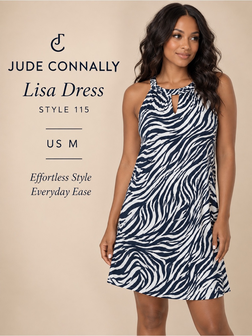 Jude Connally Lisa Dress Style 115 Navy White Zebra Print Size M